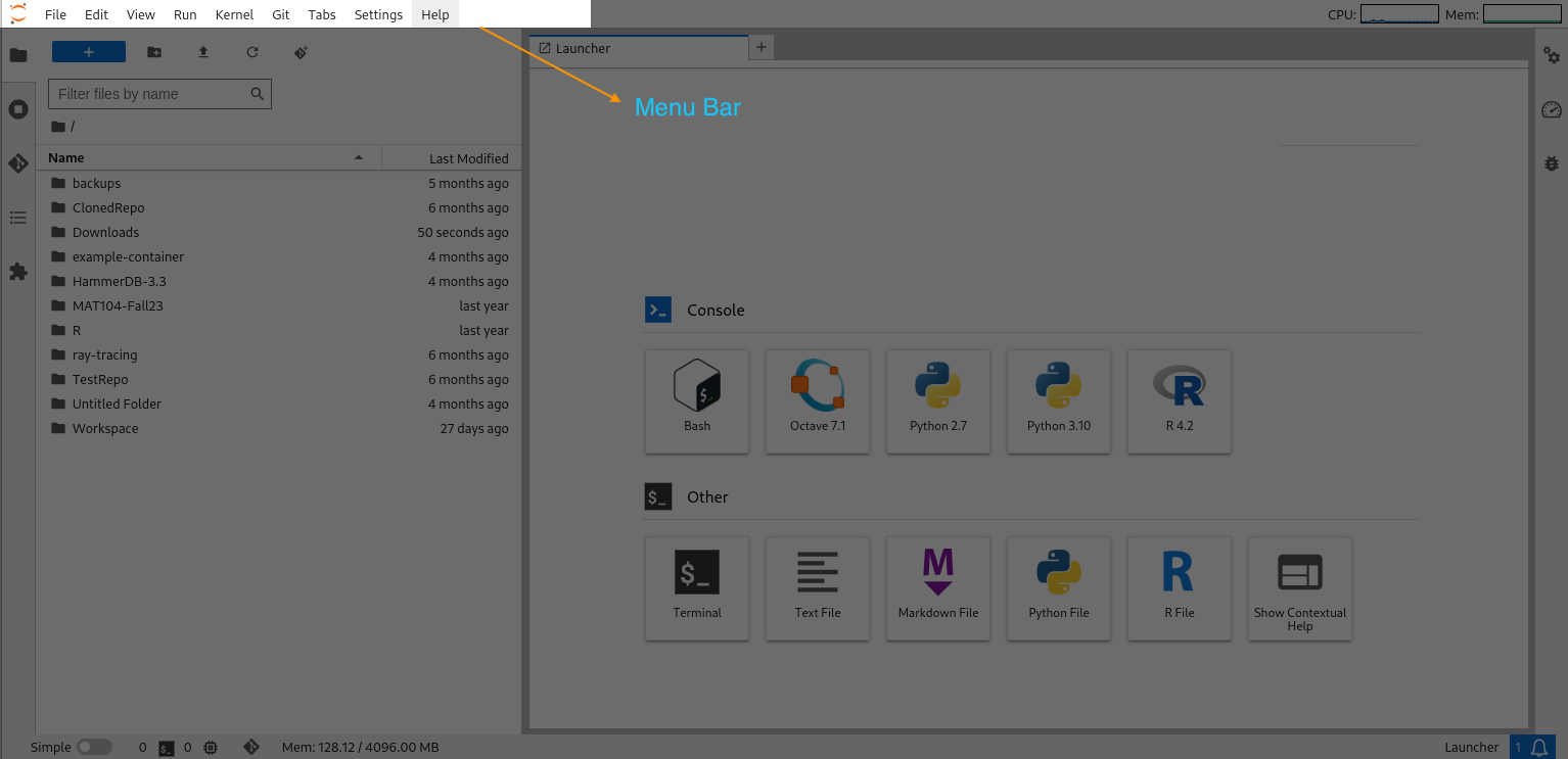 JupyterHub Menu Bar
